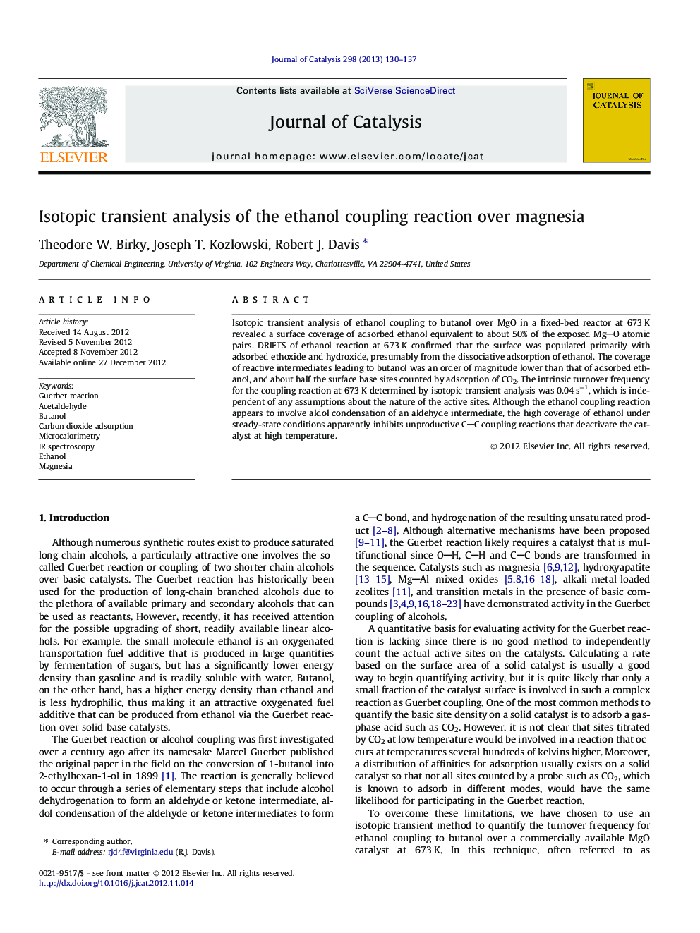 Isotopic transient analysis of the ethanol coupling reaction over magnesia