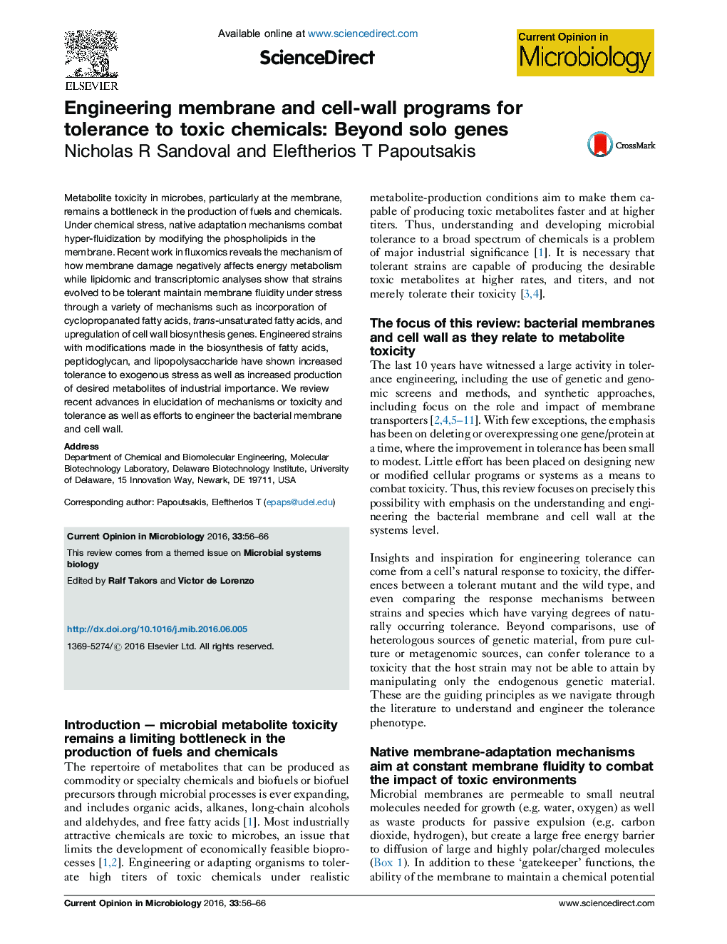 Engineering membrane and cell-wall programs for tolerance to toxic chemicals: Beyond solo genes