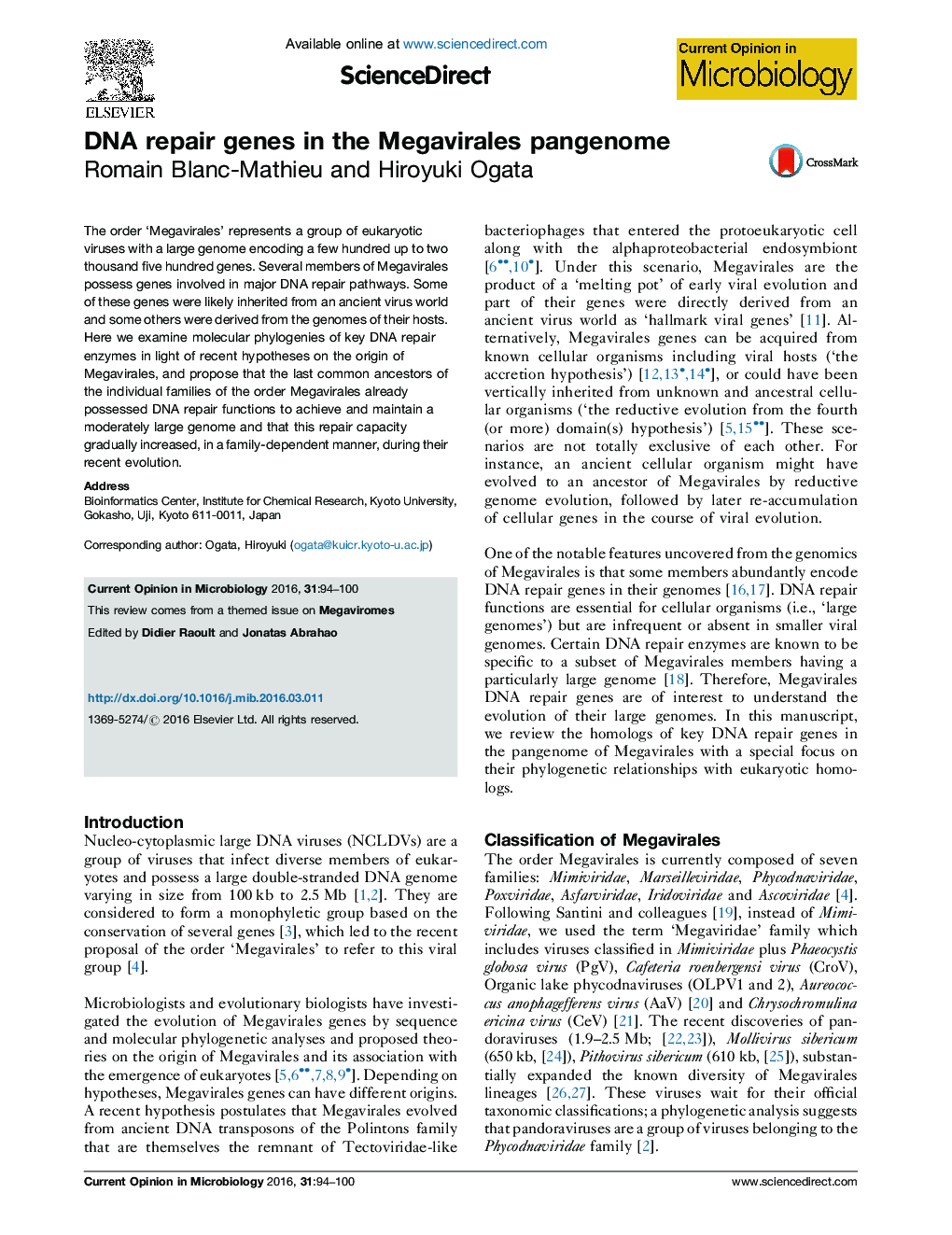 DNA repair genes in the Megavirales pangenome