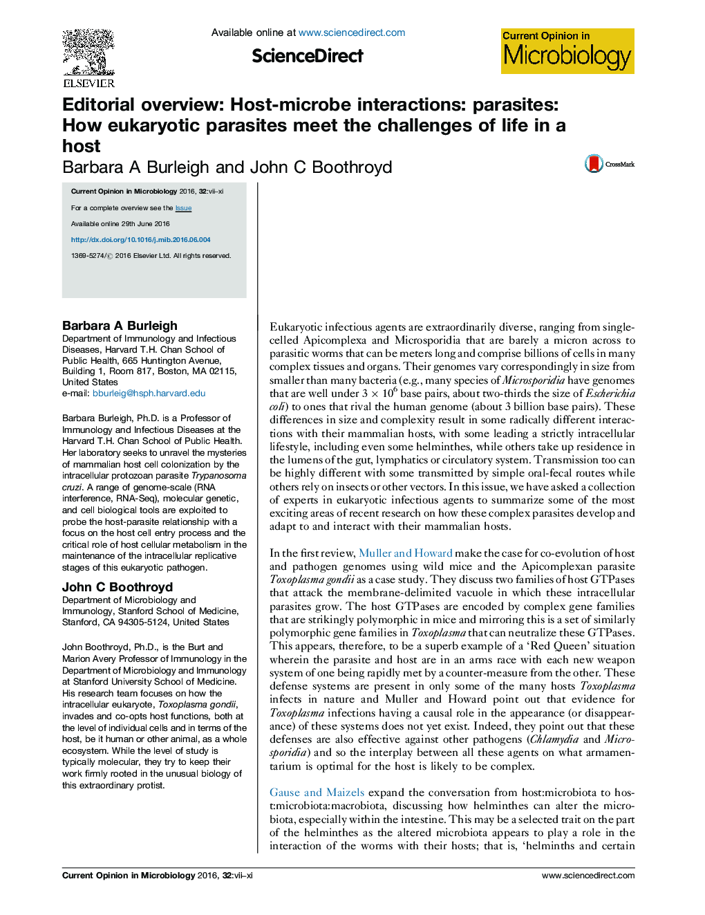 Editorial overview: Host-microbe interactions: parasites: How eukaryotic parasites meet the challenges of life in a host