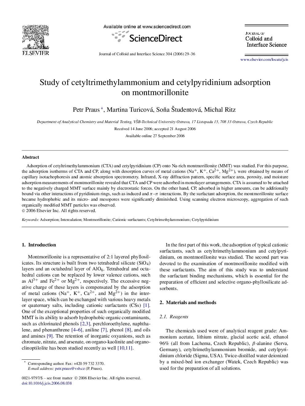 Study of cetyltrimethylammonium and cetylpyridinium adsorption on montmorillonite