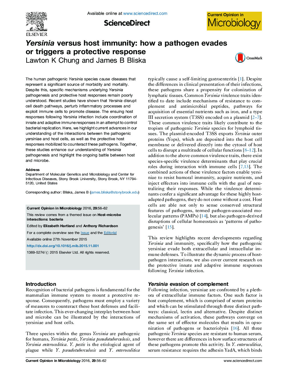 Yersinia versus host immunity: how a pathogen evades or triggers a protective response