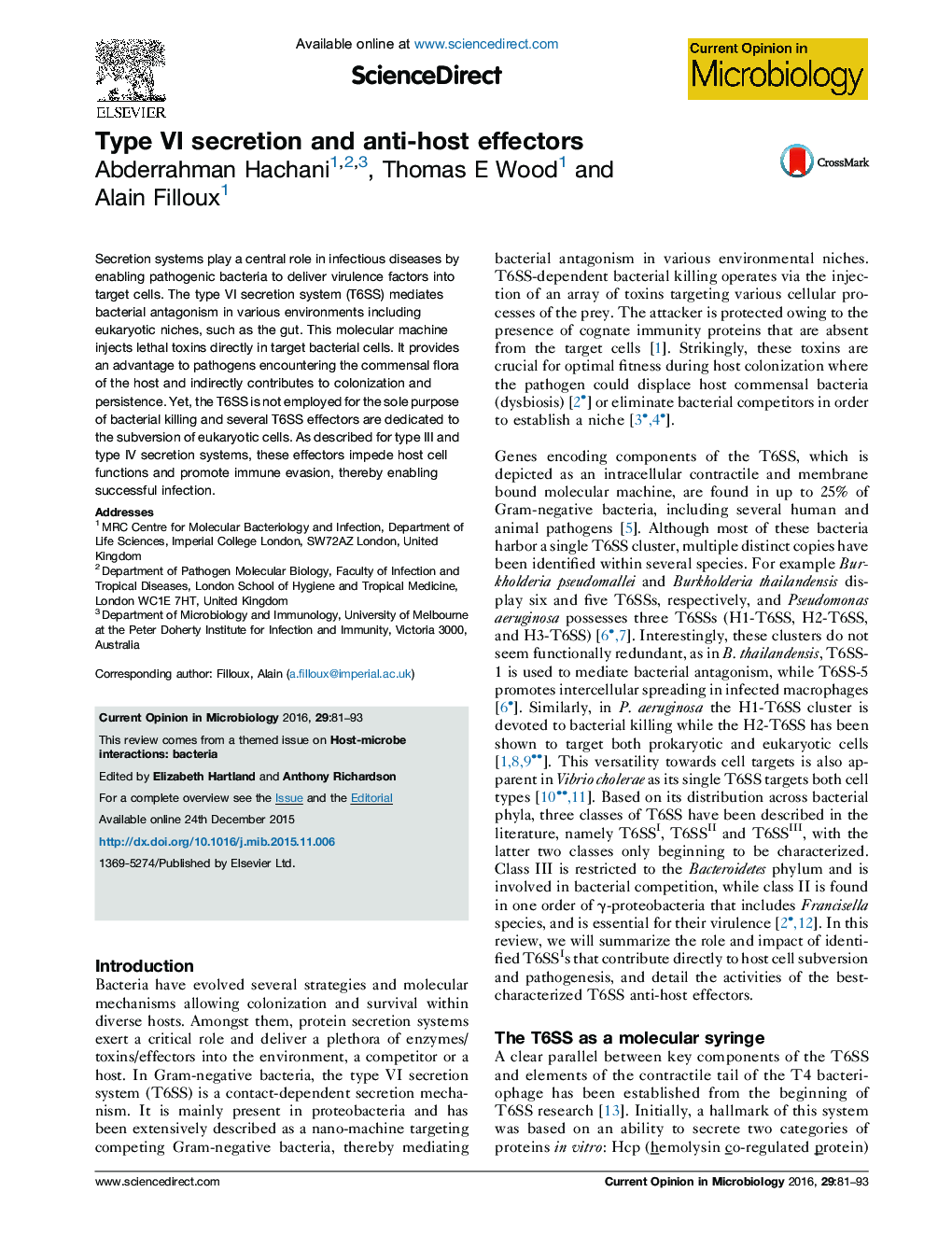 Type VI secretion and anti-host effectors