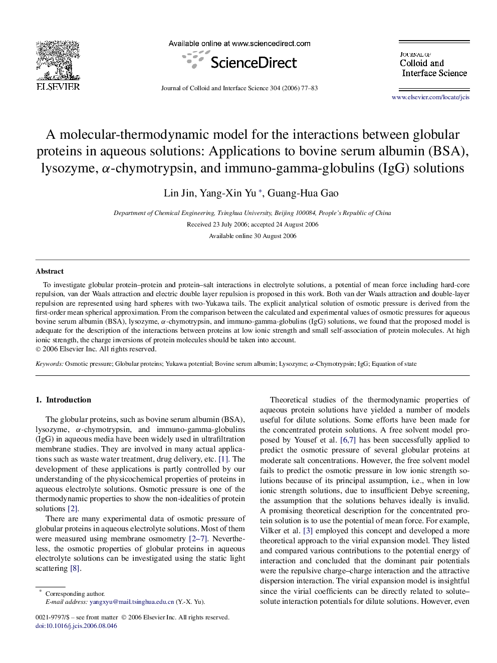 A molecular-thermodynamic model for the interactions between globular proteins in aqueous solutions: Applications to bovine serum albumin (BSA), lysozyme, α-chymotrypsin, and immuno-gamma-globulins (IgG) solutions