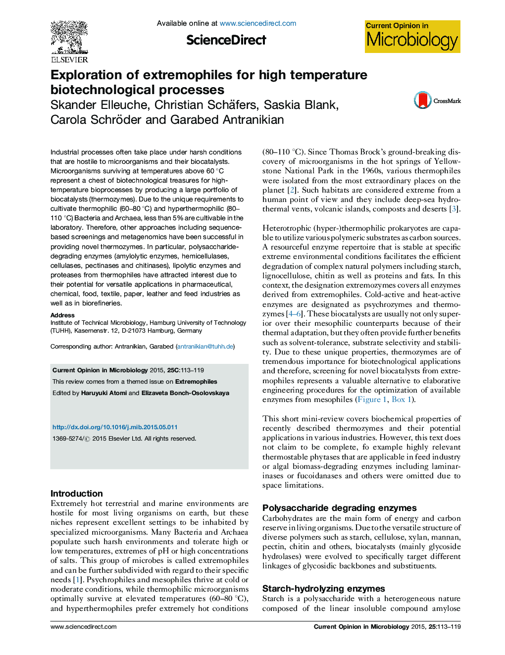 Exploration of extremophiles for high temperature biotechnological processes