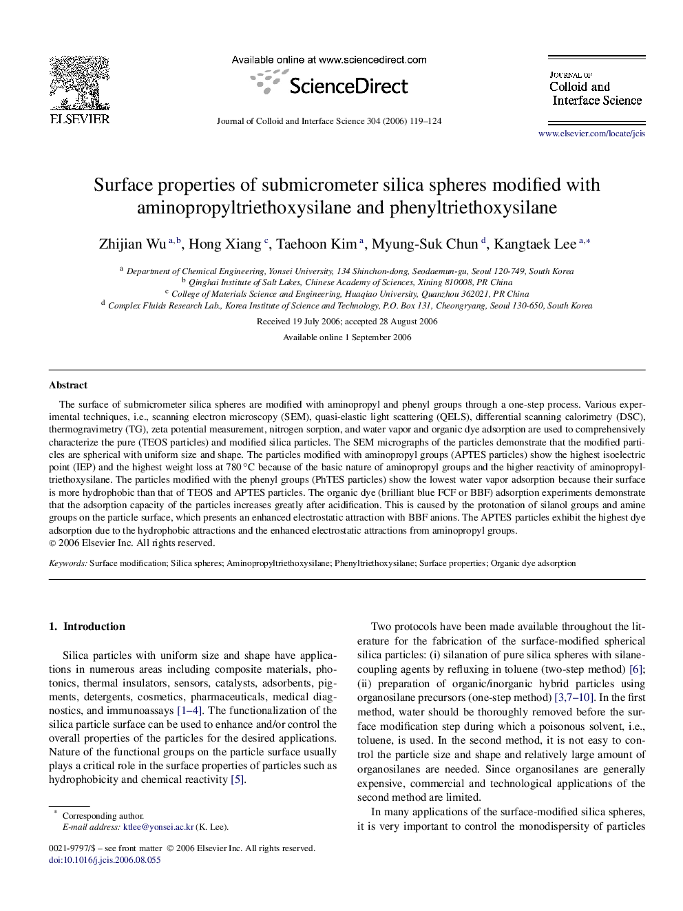 عکس صفحه اول مقاله: Surface properties of submicrometer silica spheres modified with aminopropyltriethoxysilane and phenyltriethoxysilane Surface properties of submicrometer silica spheres modified with aminopropyltriethoxysilane and phenyltriethoxysilane