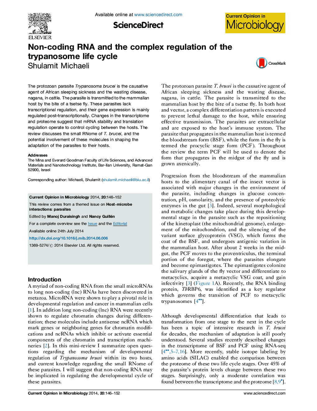 Non-coding RNA and the complex regulation of the trypanosome life cycle