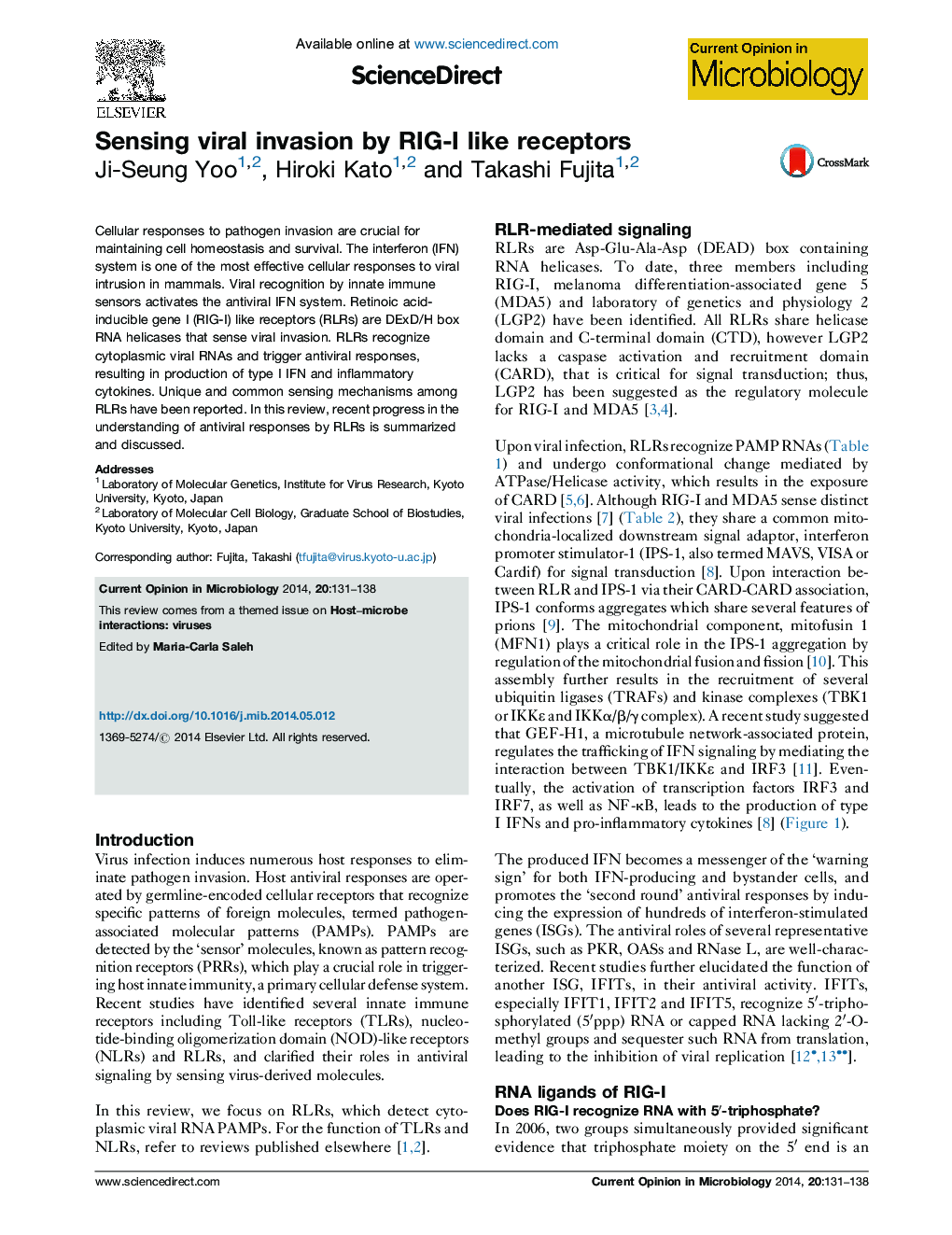 Sensing viral invasion by RIG-I like receptors