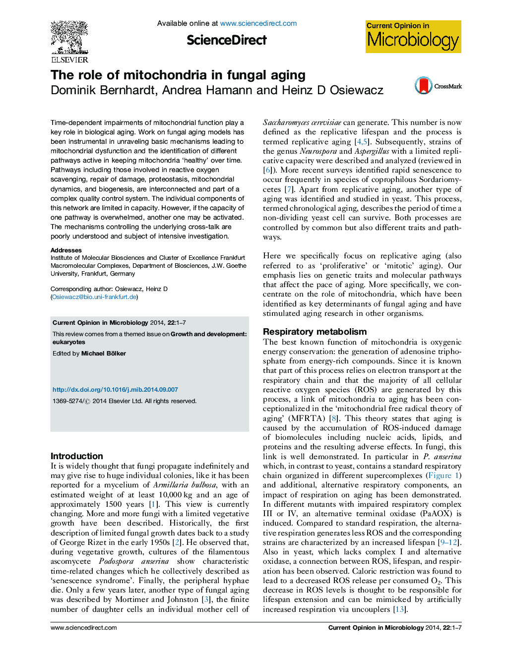 The role of mitochondria in fungal aging