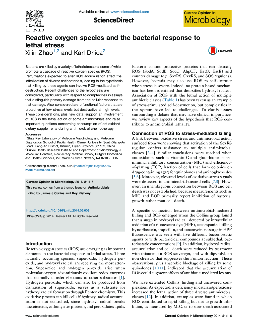 Reactive oxygen species and the bacterial response to lethal stress