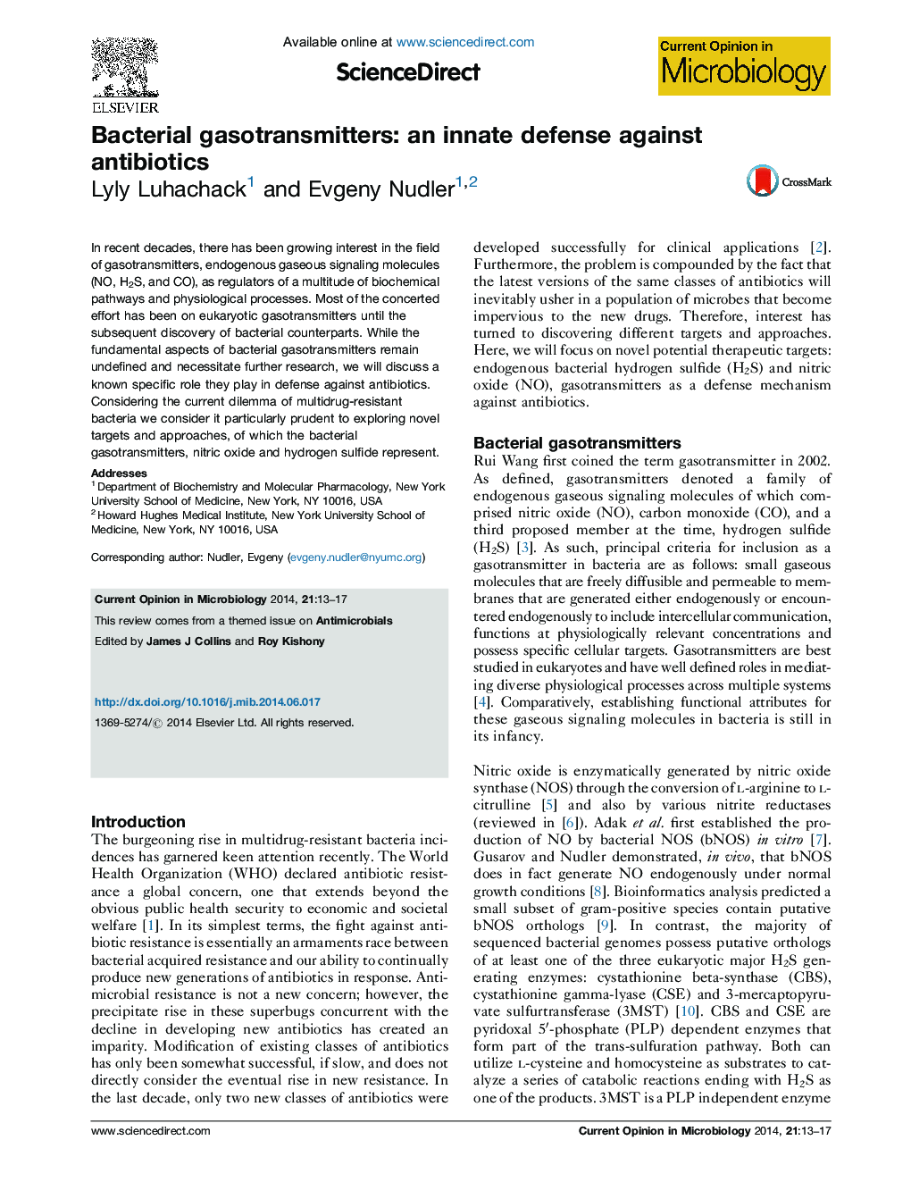 Bacterial gasotransmitters: an innate defense against antibiotics