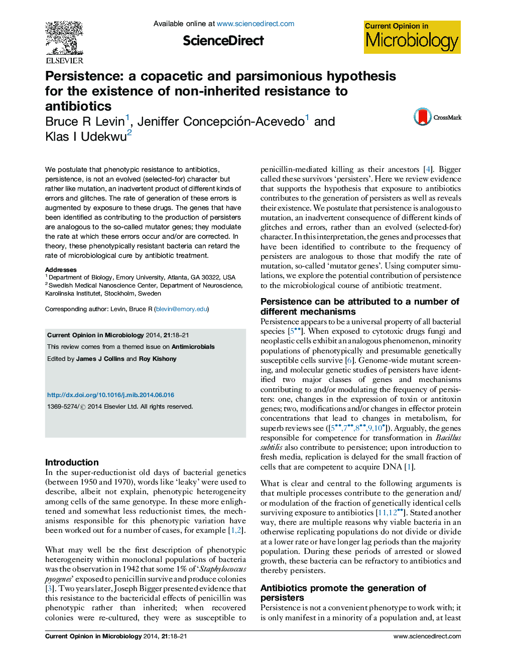 Persistence: a copacetic and parsimonious hypothesis for the existence of non-inherited resistance to antibiotics