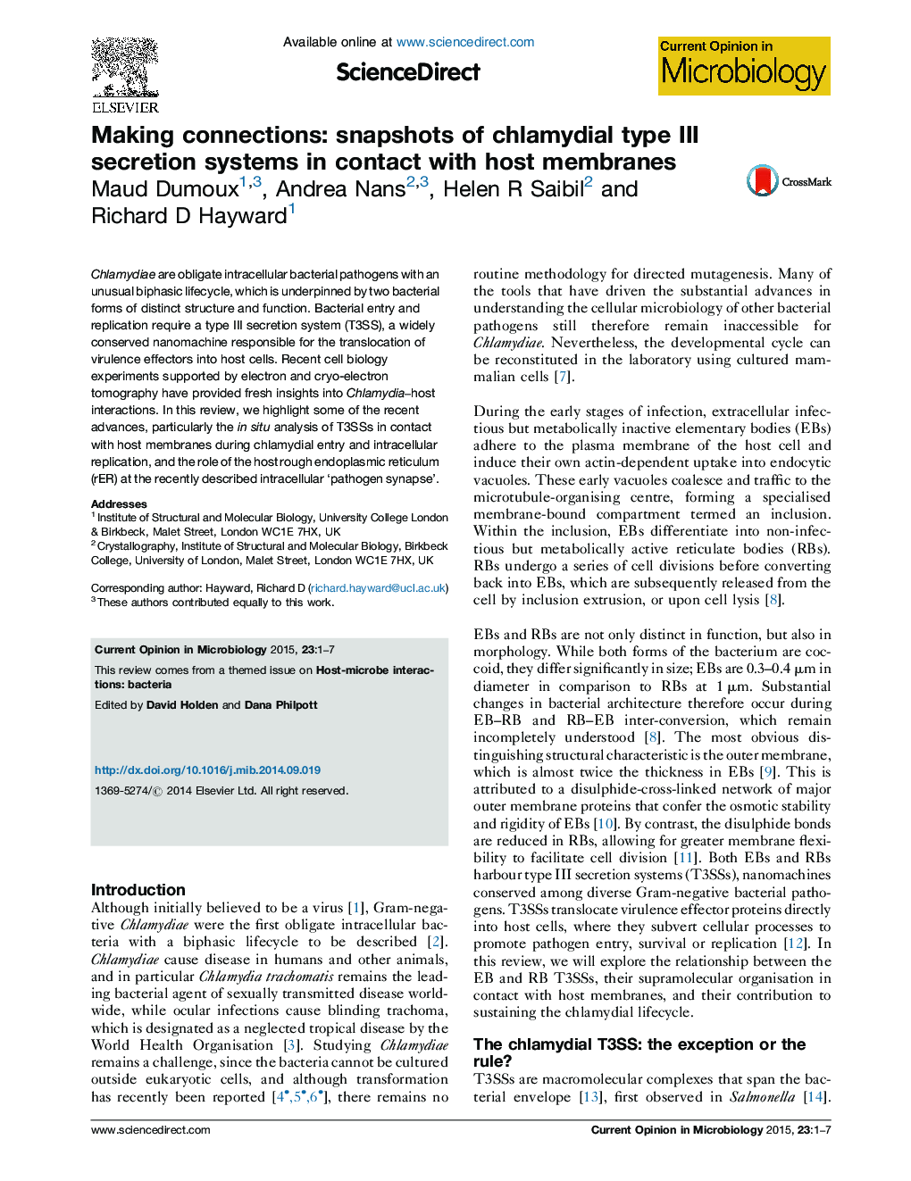 Making connections: snapshots of chlamydial type III secretion systems in contact with host membranes