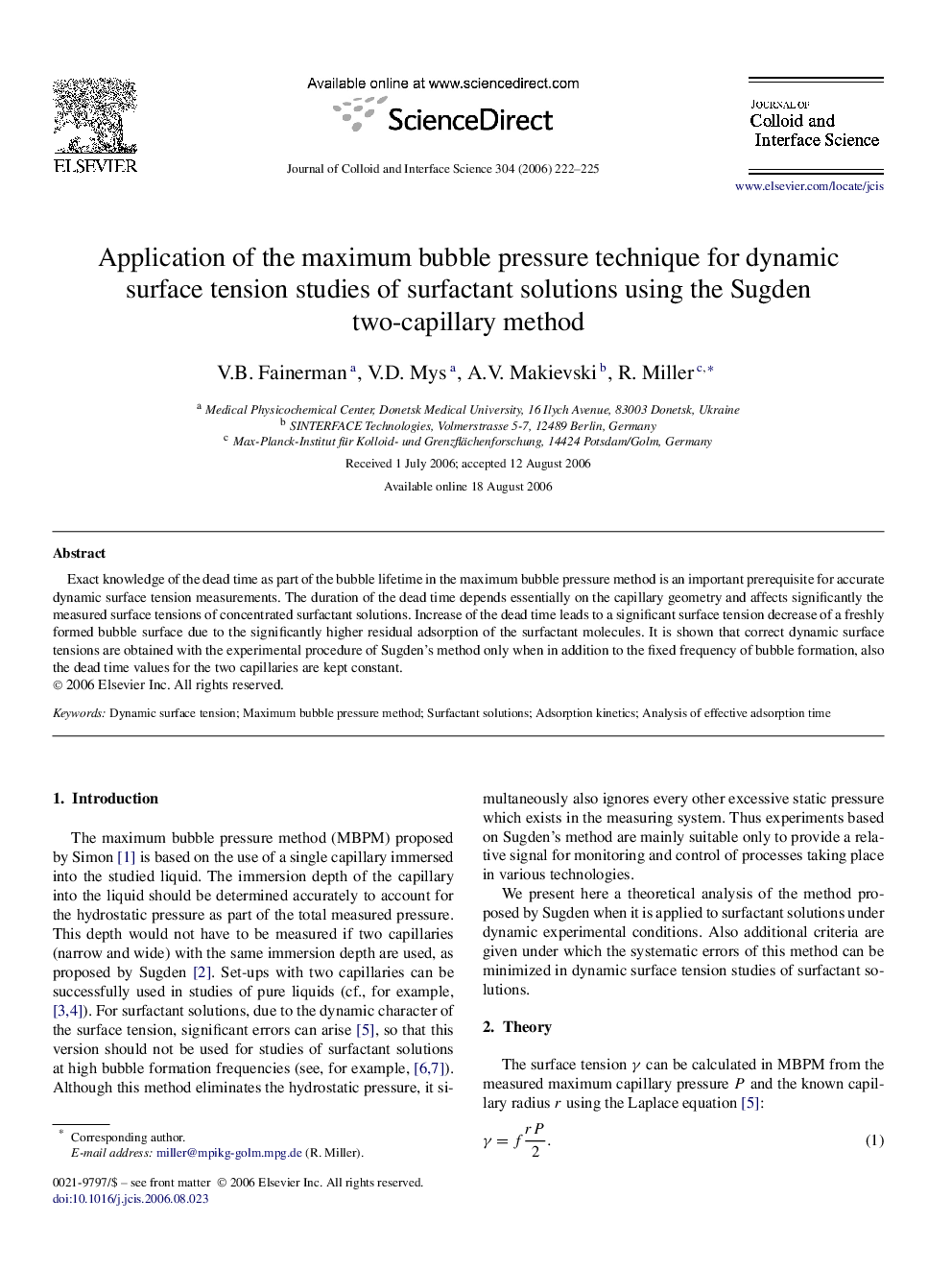 Application of the maximum bubble pressure technique for dynamic surface tension studies of surfactant solutions using the Sugden two-capillary method