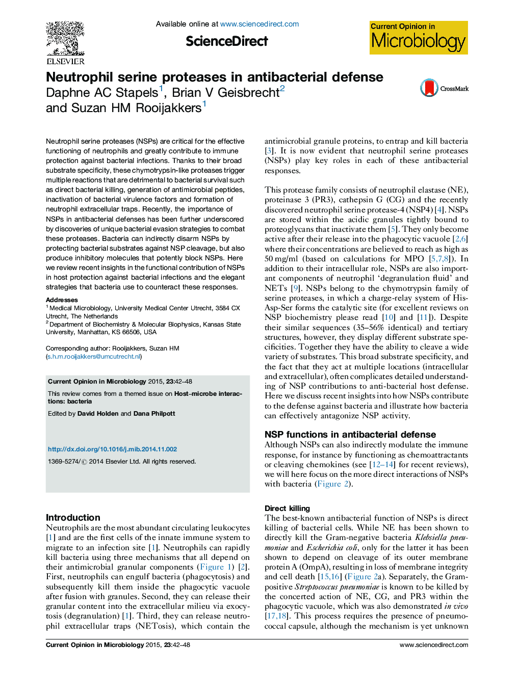 Neutrophil serine proteases in antibacterial defense