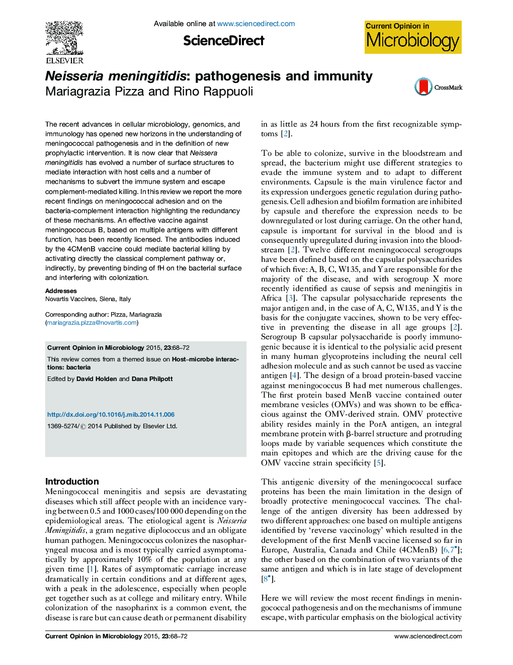 Neisseria meningitidis: pathogenesis and immunity