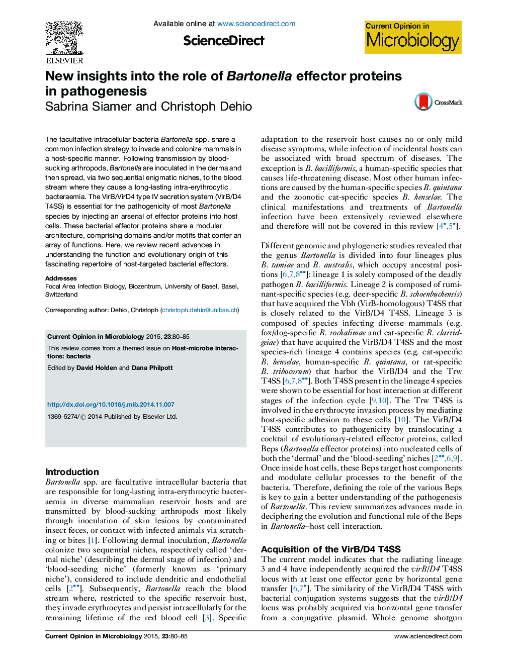 New insights into the role of Bartonella effector proteins in pathogenesis