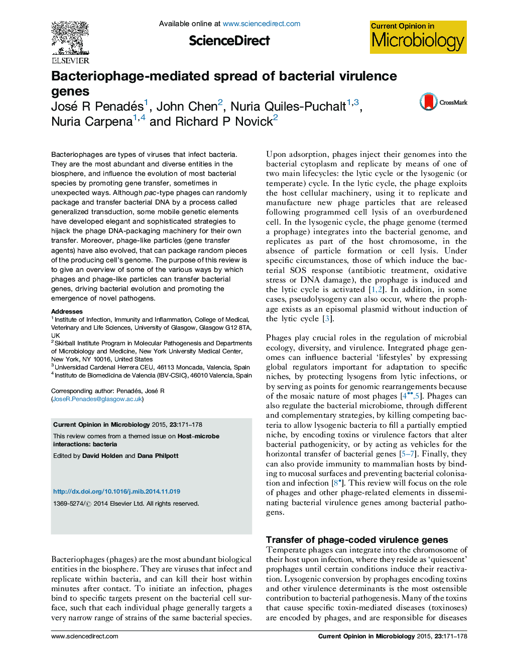 Bacteriophage-mediated spread of bacterial virulence genes