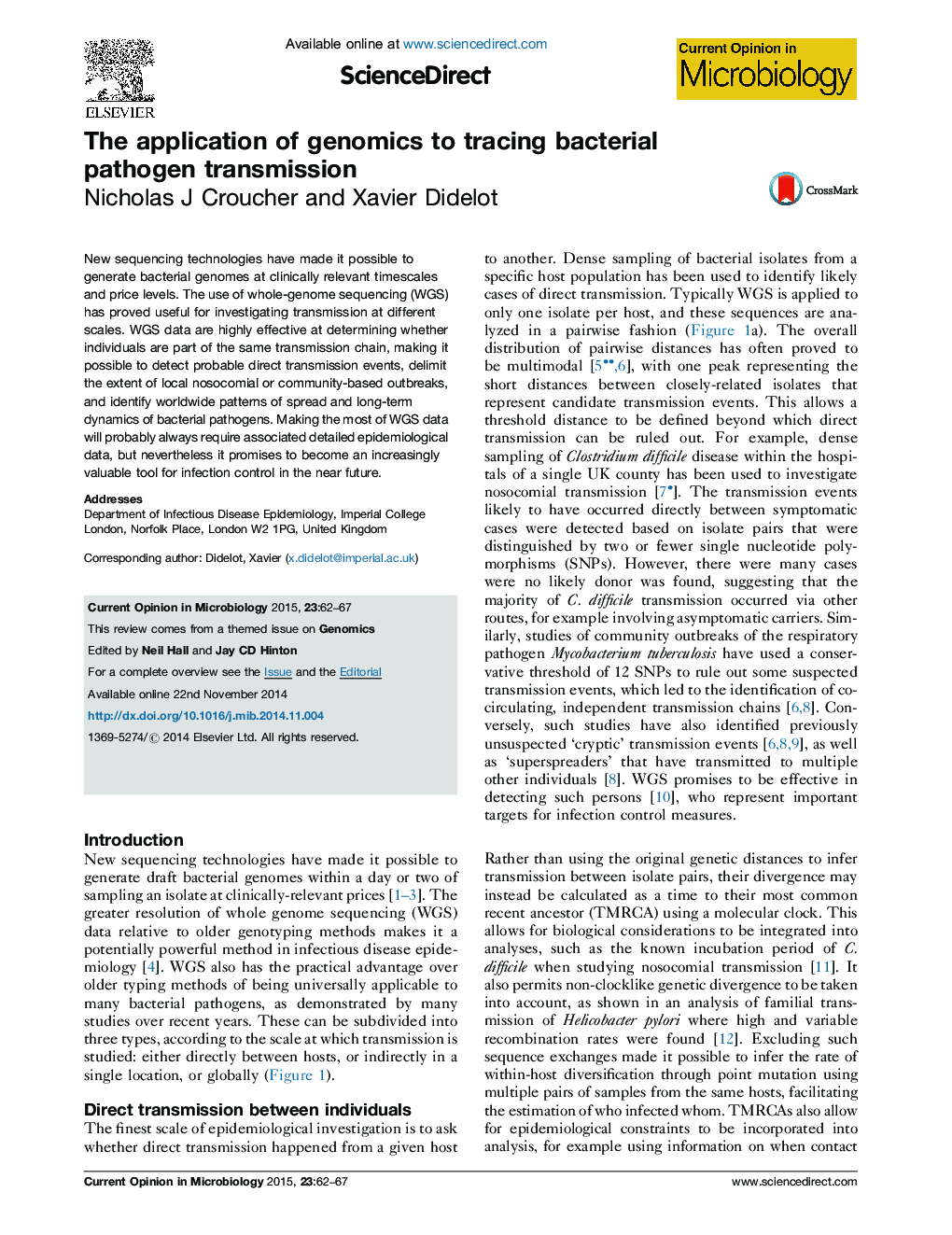 The application of genomics to tracing bacterial pathogen transmission