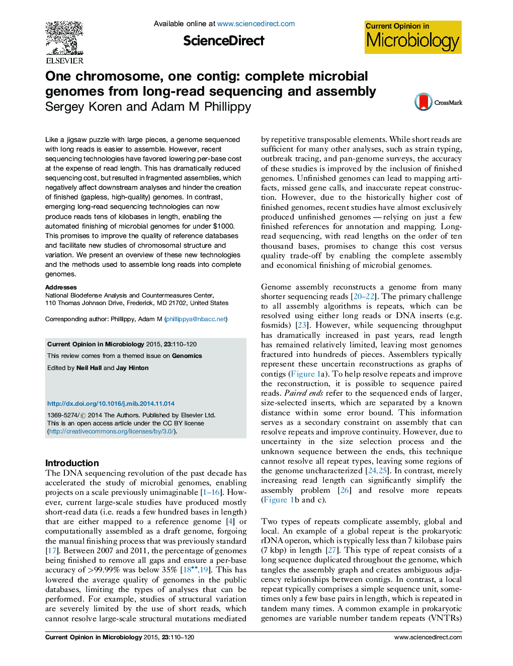 One chromosome, one contig: complete microbial genomes from long-read sequencing and assembly