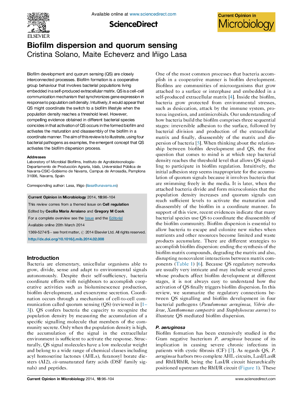 Biofilm dispersion and quorum sensing