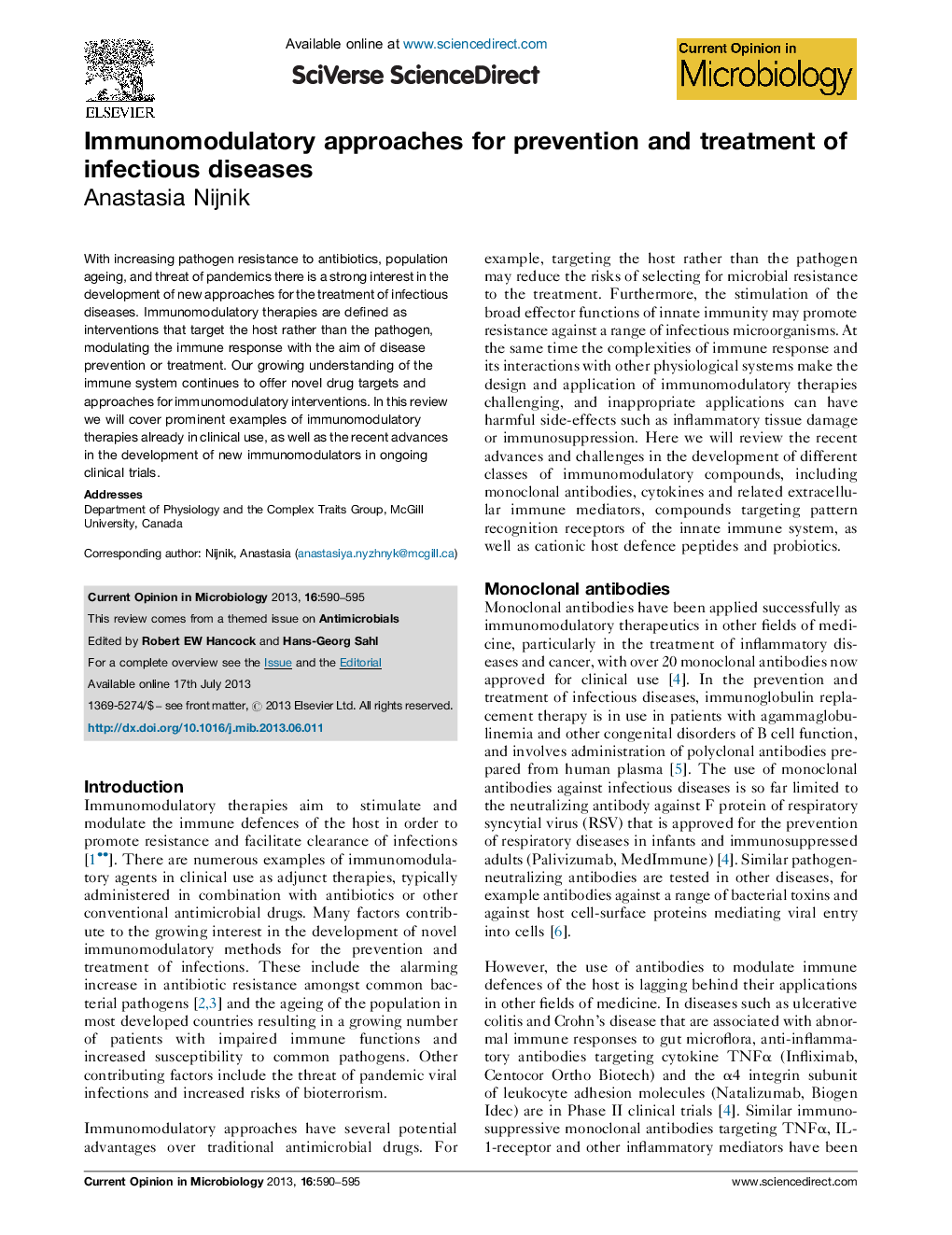 Immunomodulatory approaches for prevention and treatment of infectious diseases