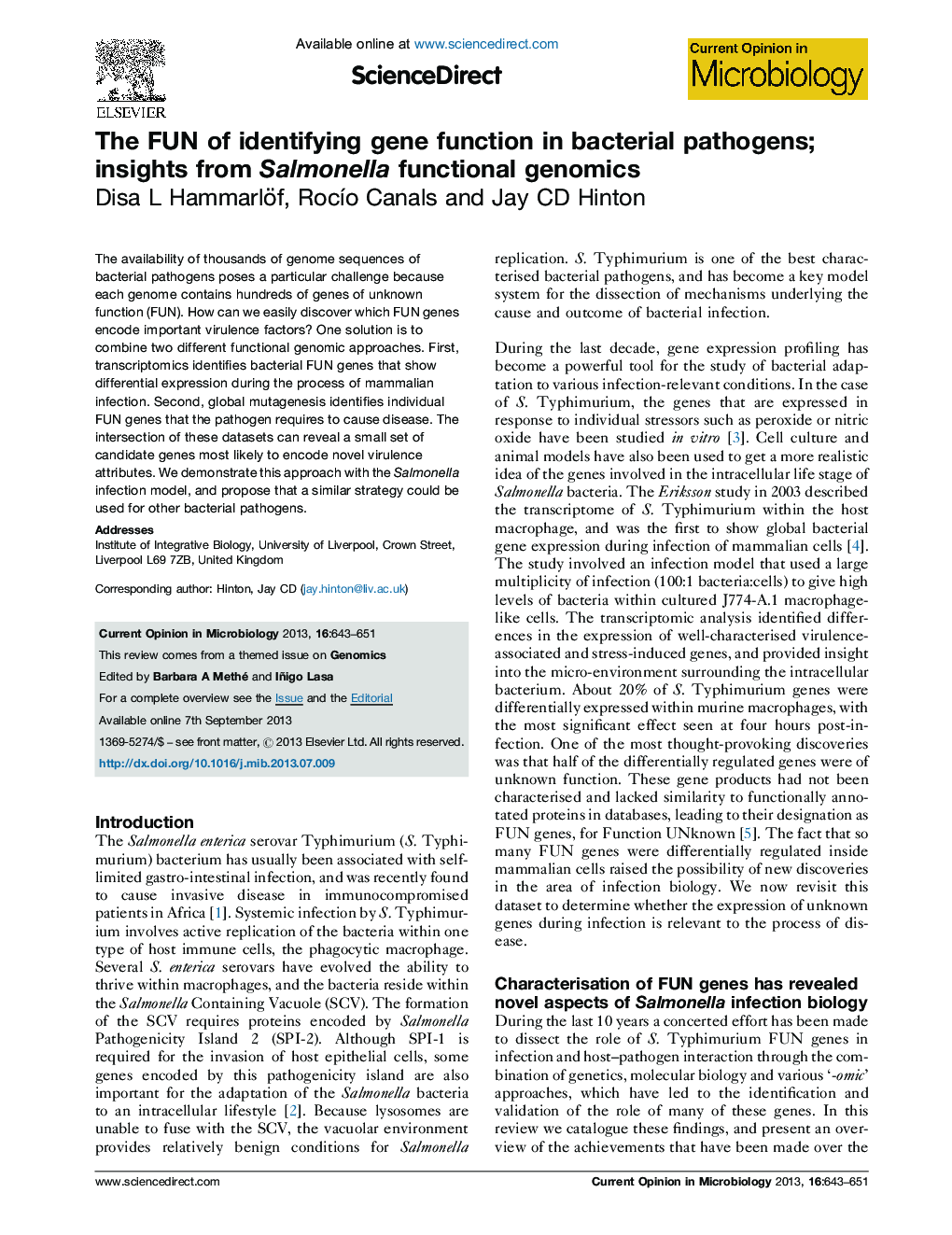 The FUN of identifying gene function in bacterial pathogens; insights from Salmonella functional genomics