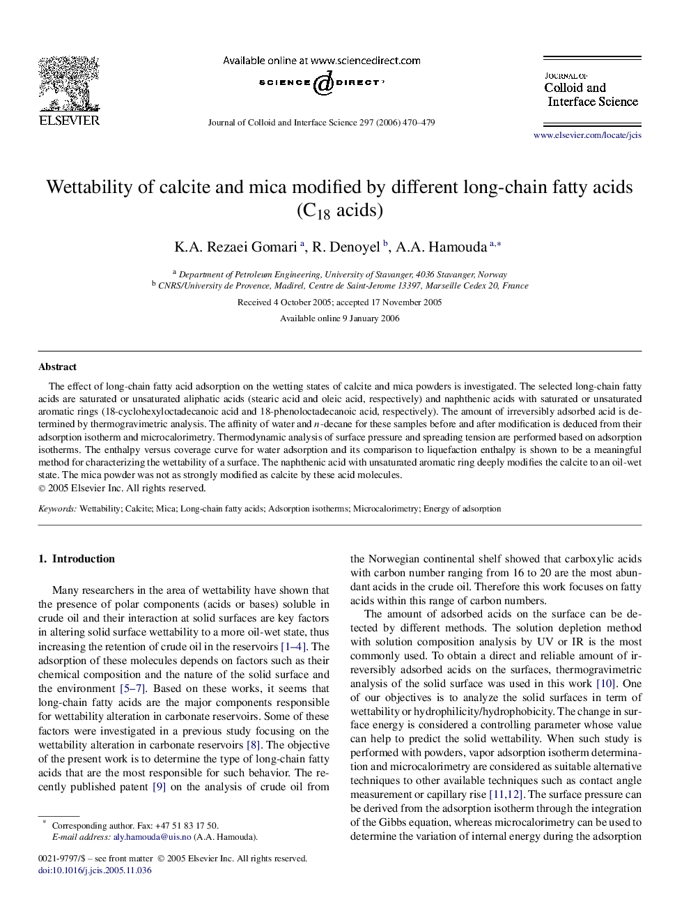 Wettability of calcite and mica modified by different long-chain fatty acids (C18 acids)