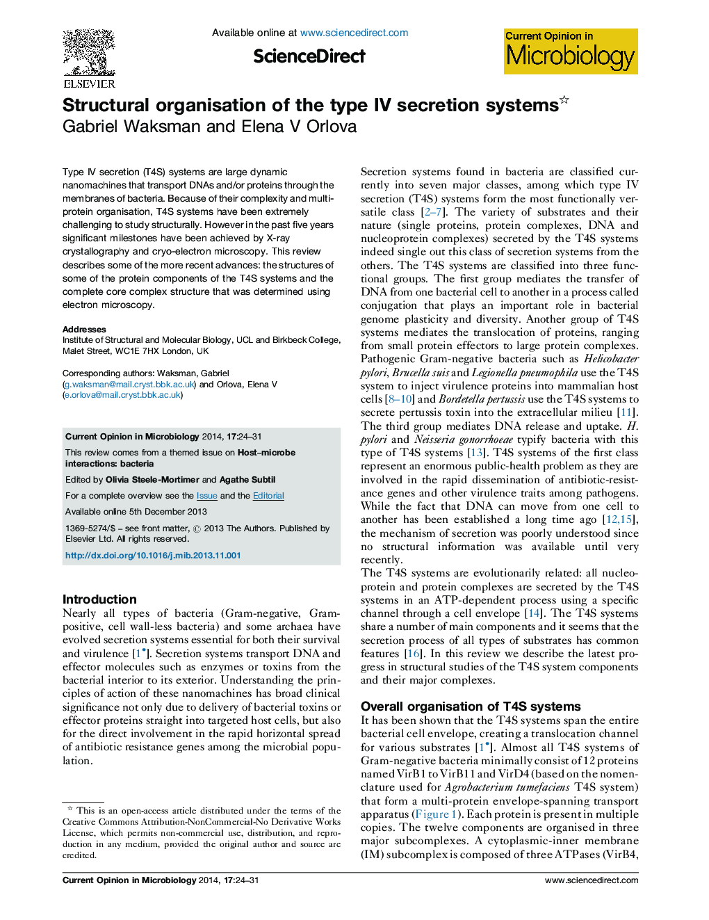 Structural organisation of the type IV secretion systems