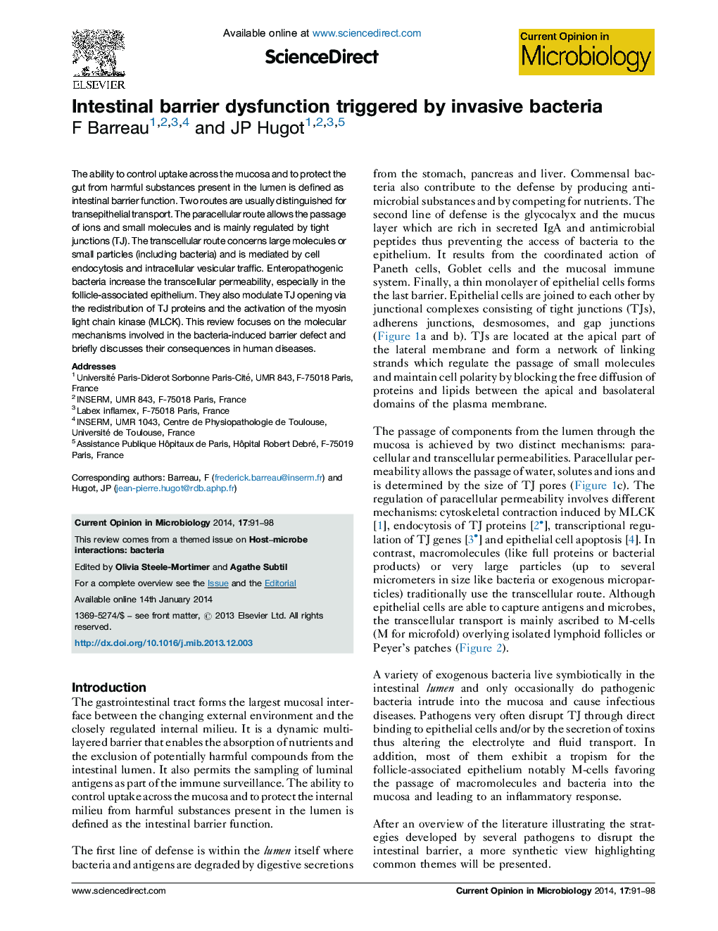 Intestinal barrier dysfunction triggered by invasive bacteria