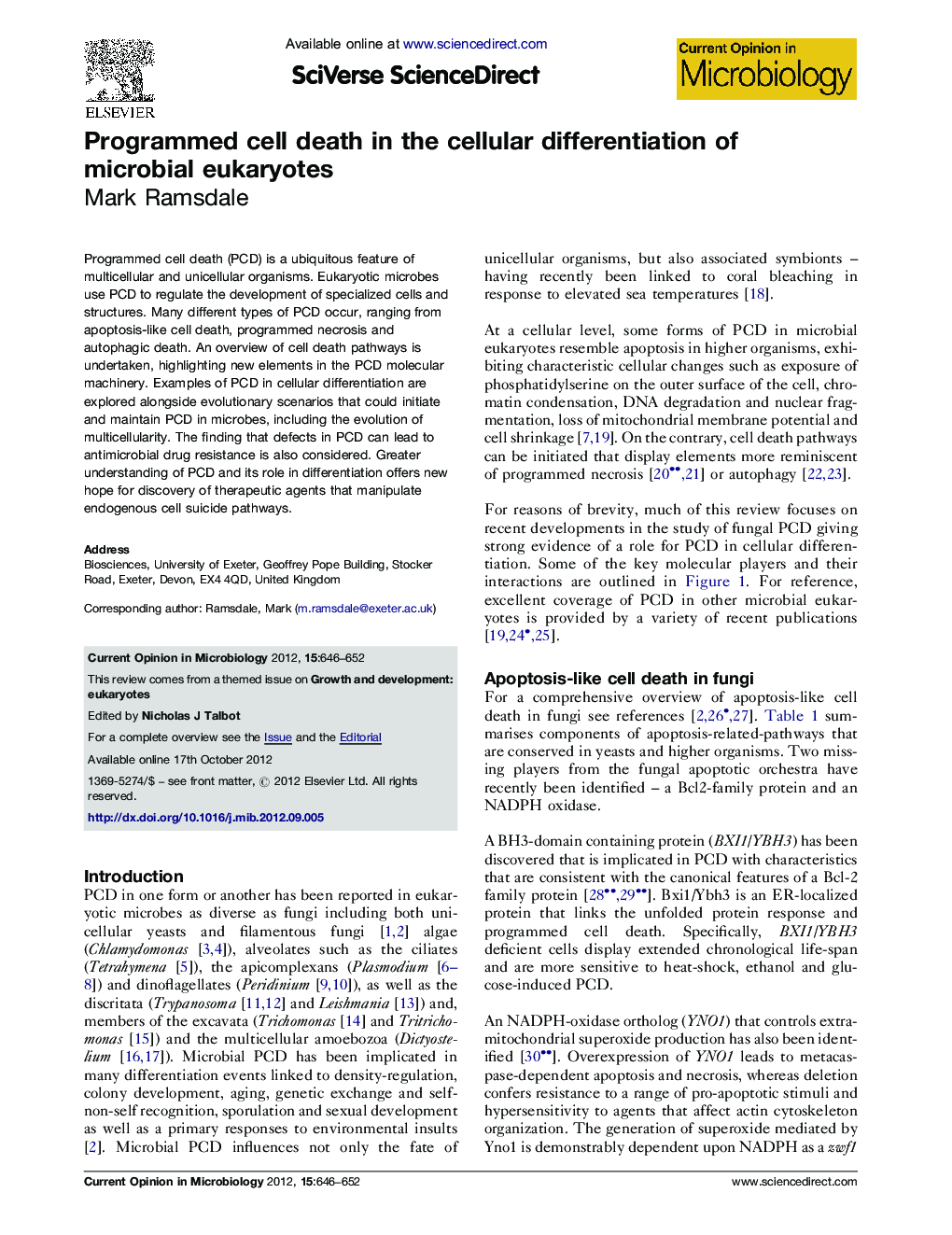 Programmed cell death in the cellular differentiation of microbial eukaryotes