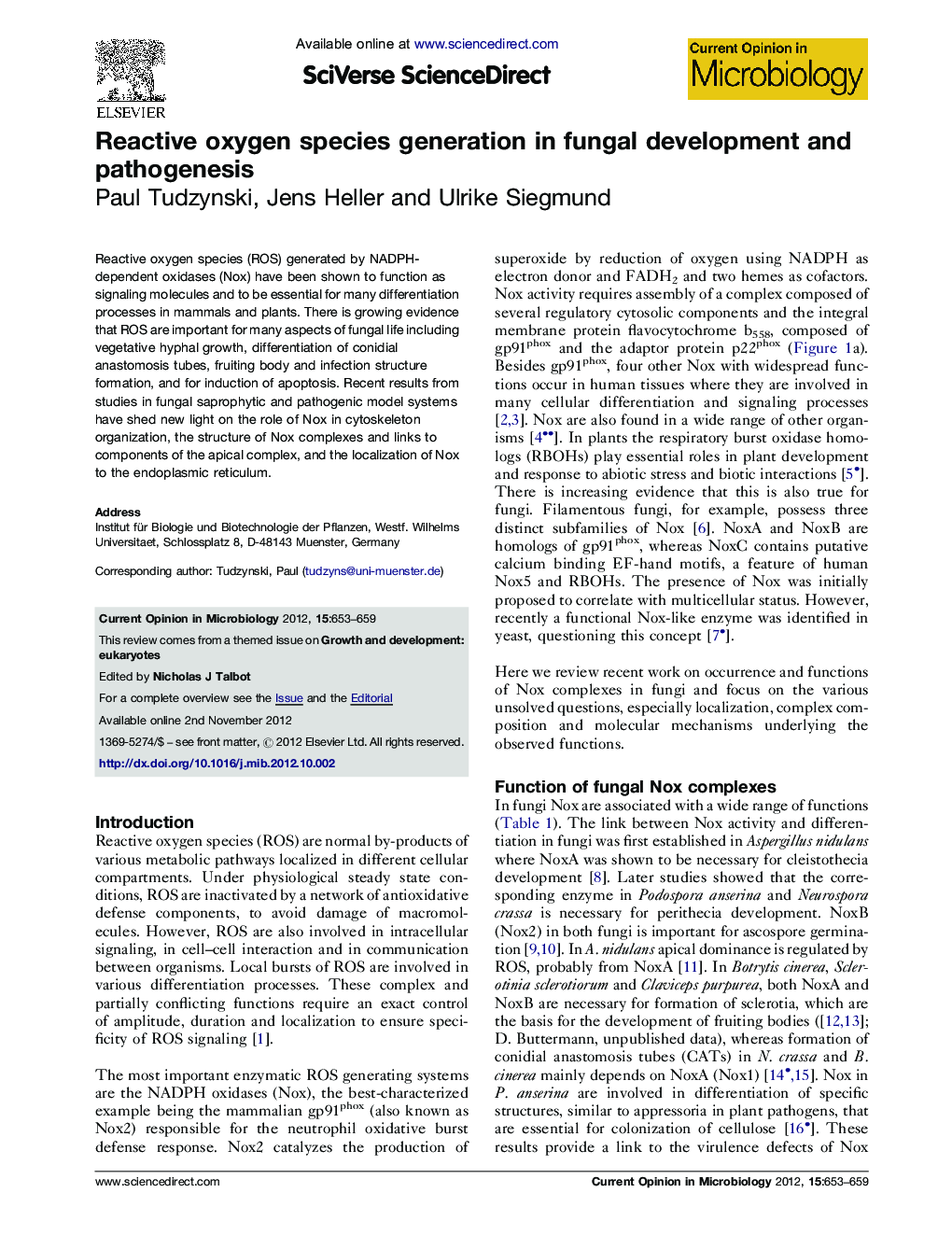 Reactive oxygen species generation in fungal development and pathogenesis