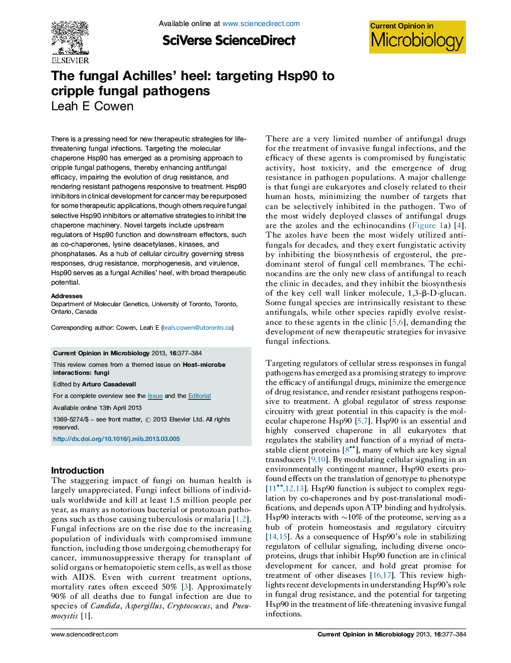 The fungal Achilles' heel: targeting Hsp90 to cripple fungal pathogens