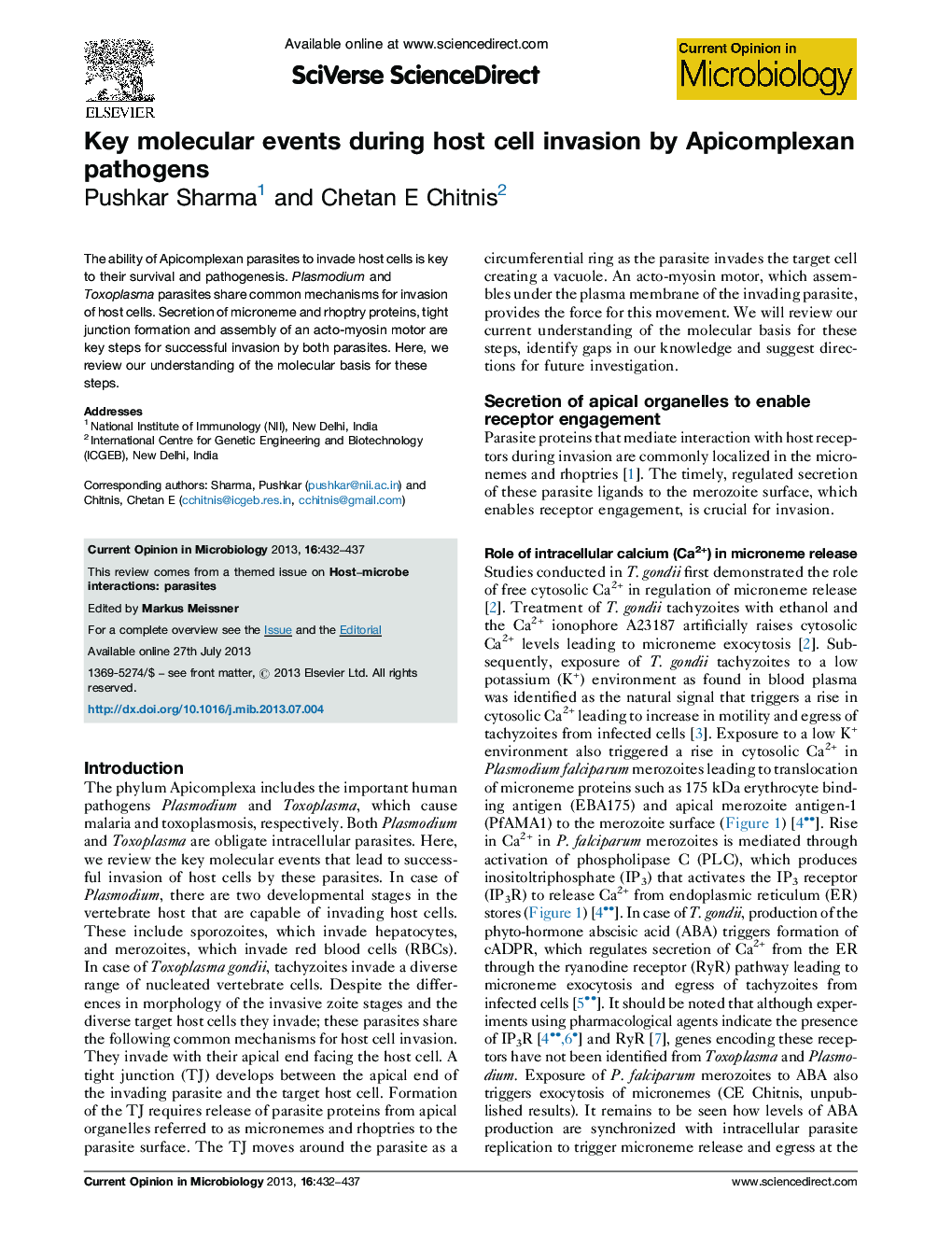 Key molecular events during host cell invasion by Apicomplexan pathogens