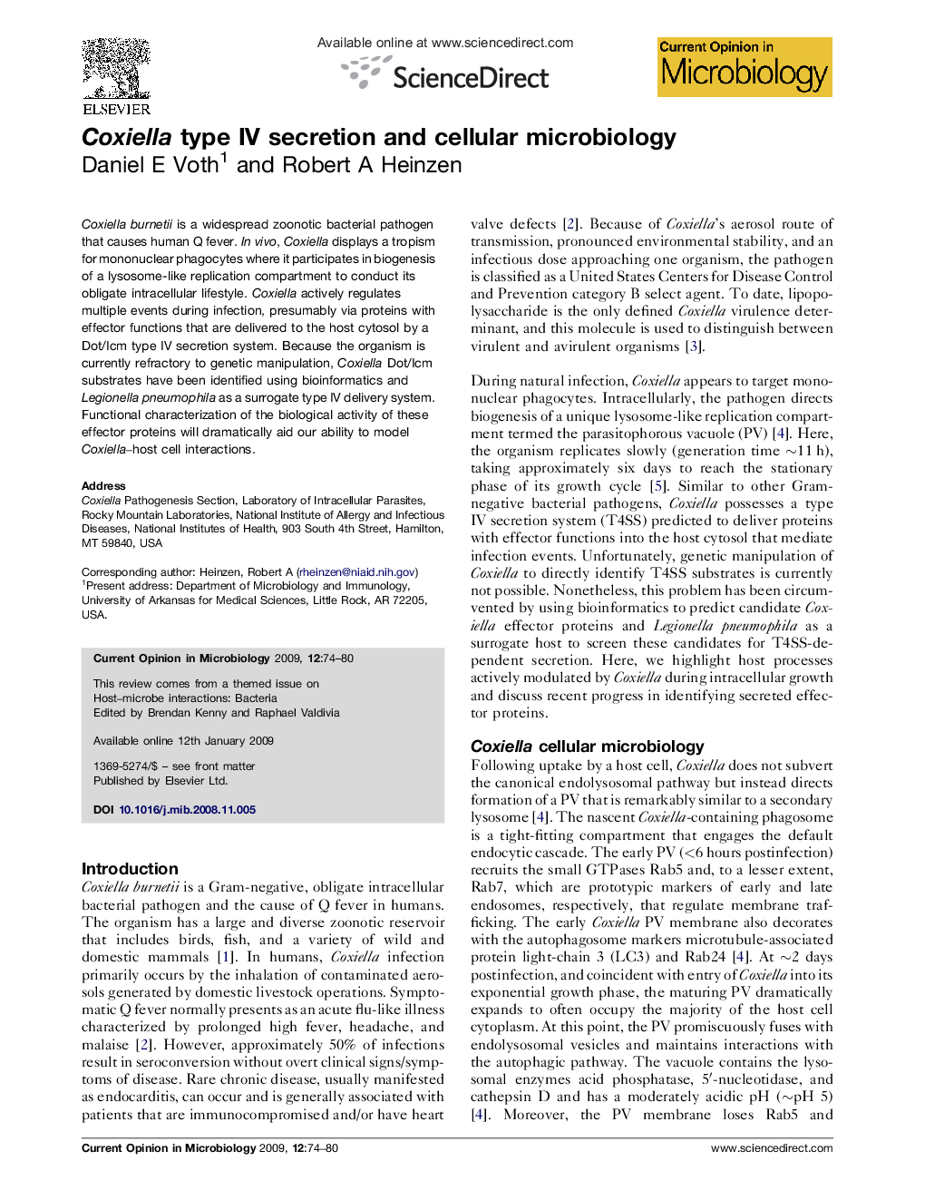 Coxiella type IV secretion and cellular microbiology