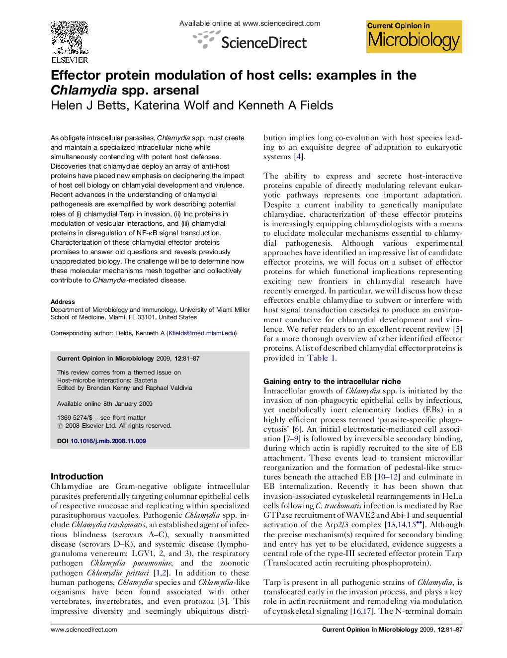 Effector protein modulation of host cells: examples in the Chlamydia spp. arsenal