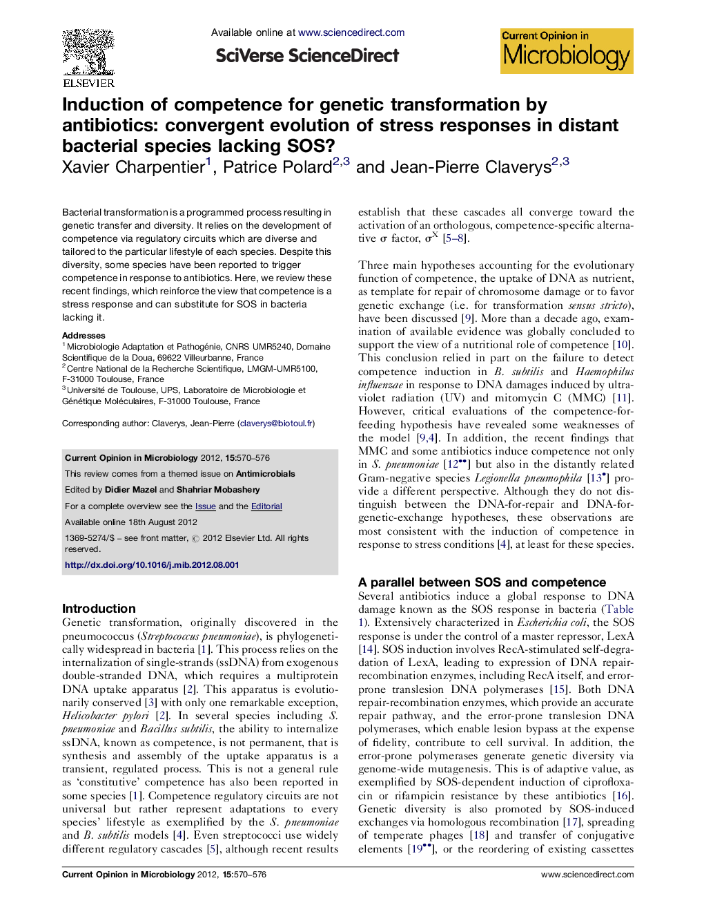 Induction of competence for genetic transformation by antibiotics: convergent evolution of stress responses in distant bacterial species lacking SOS?