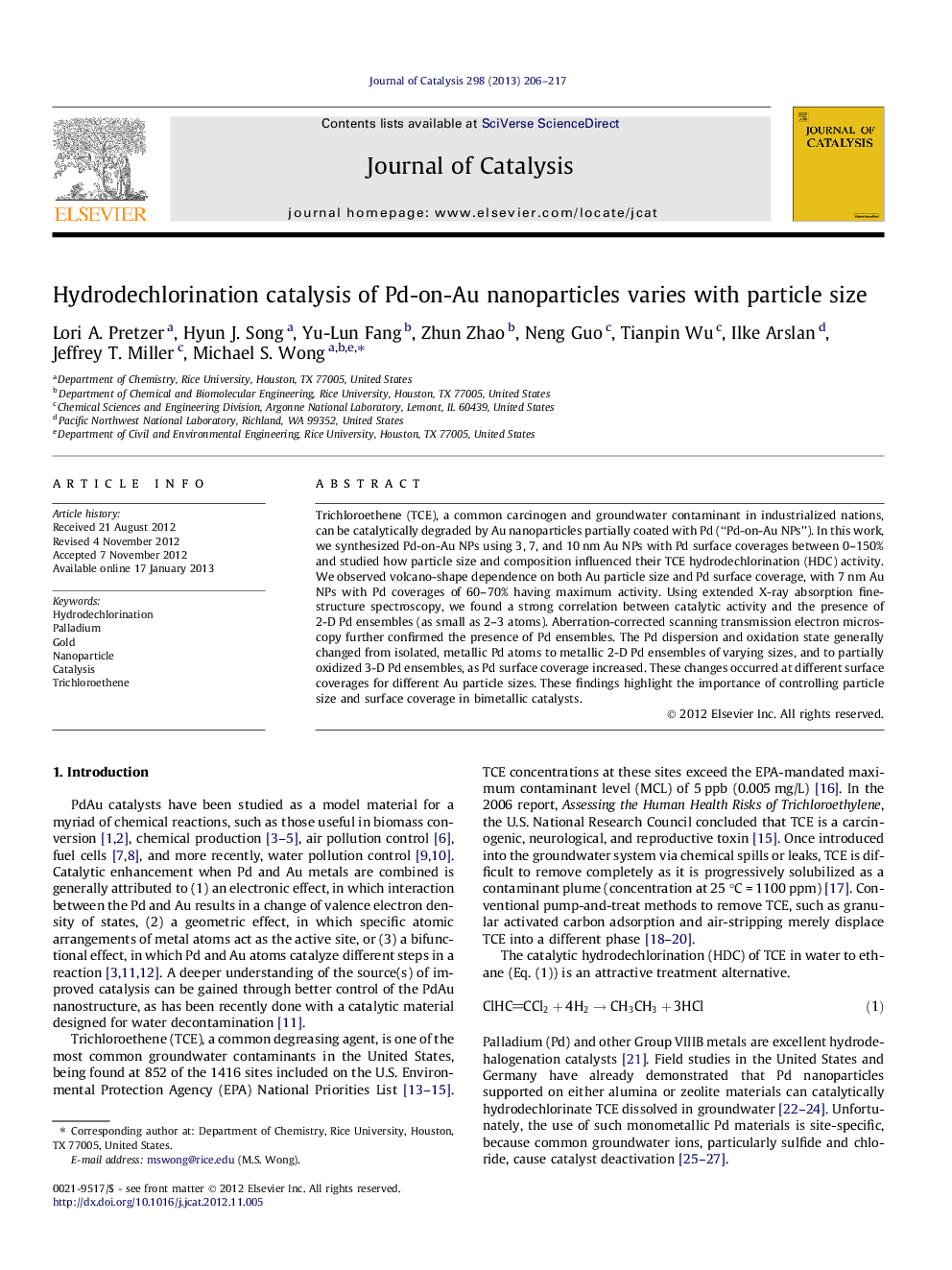 Hydrodechlorination catalysis of Pd-on-Au nanoparticles varies with particle size