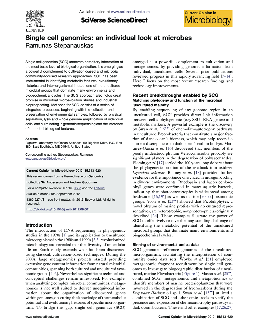 Single cell genomics: an individual look at microbes