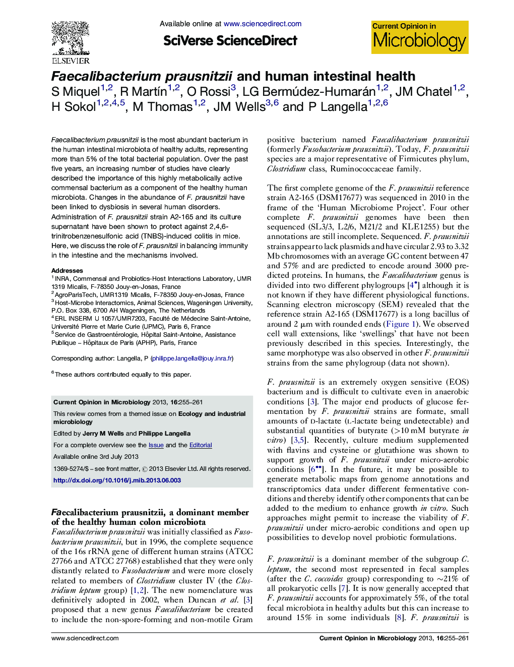 Faecalibacterium prausnitzii and human intestinal health