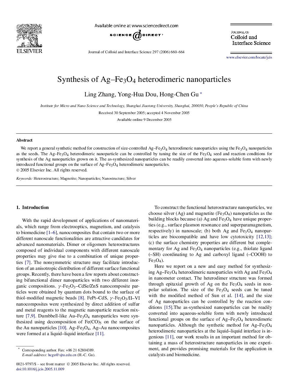 Synthesis of Ag–Fe3O4 heterodimeric nanoparticles