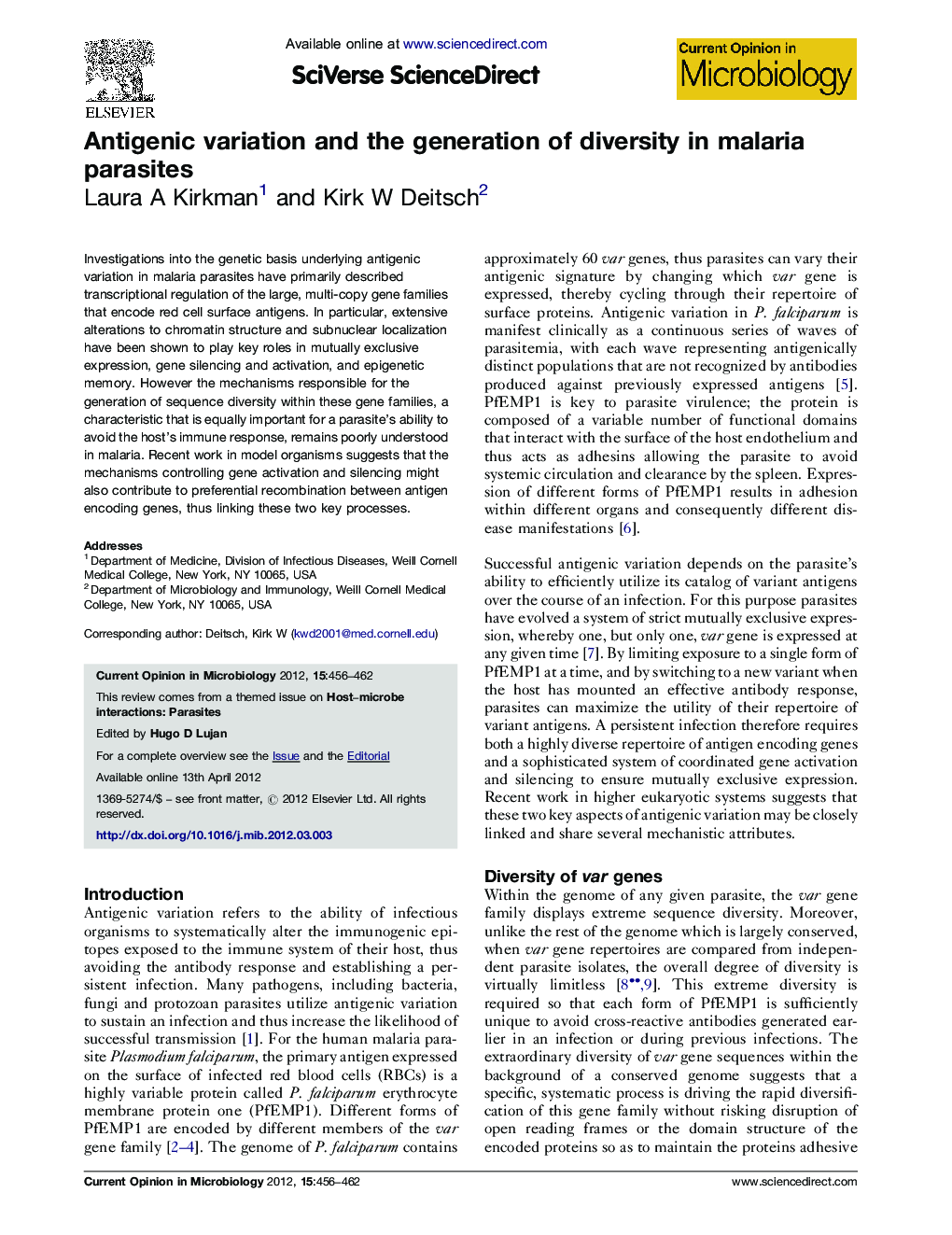 Antigenic variation and the generation of diversity in malaria parasites