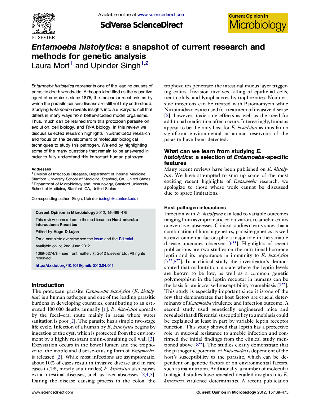 Entamoeba histolytica: a snapshot of current research and methods for genetic analysis