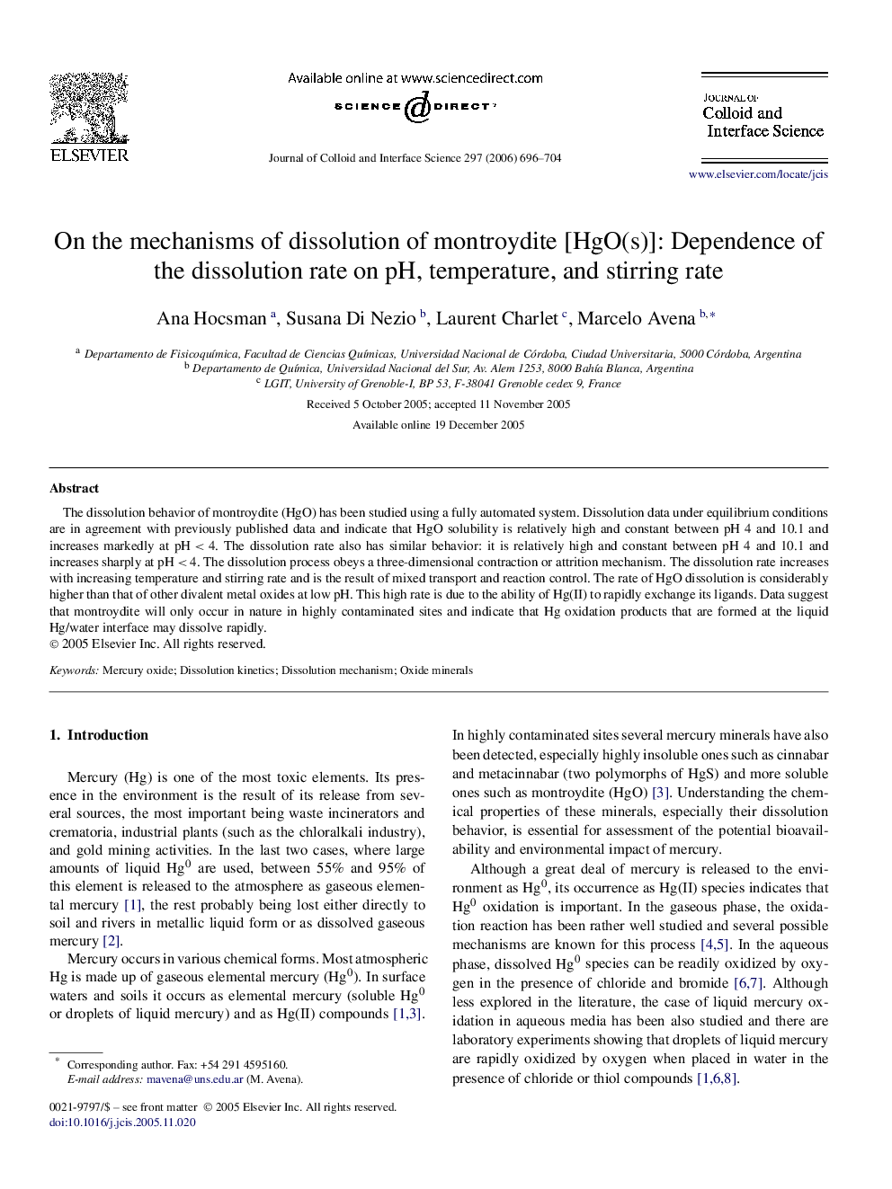 On the mechanisms of dissolution of montroydite [HgO(s)]: Dependence of the dissolution rate on pH, temperature, and stirring rate