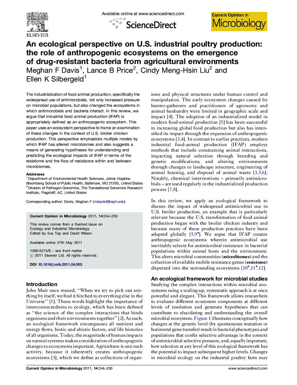 An ecological perspective on U.S. industrial poultry production: the role of anthropogenic ecosystems on the emergence of drug-resistant bacteria from agricultural environments