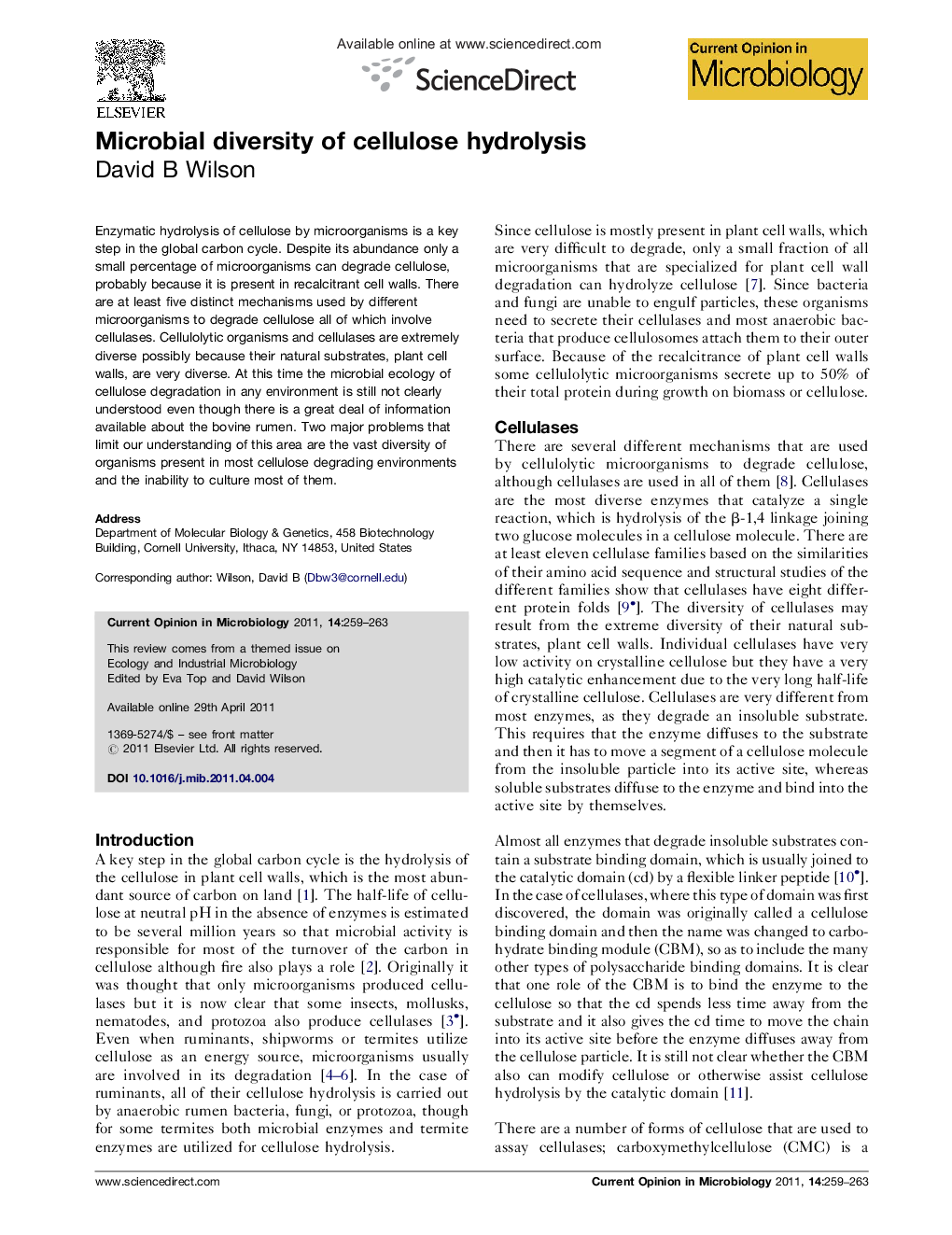 Microbial diversity of cellulose hydrolysis