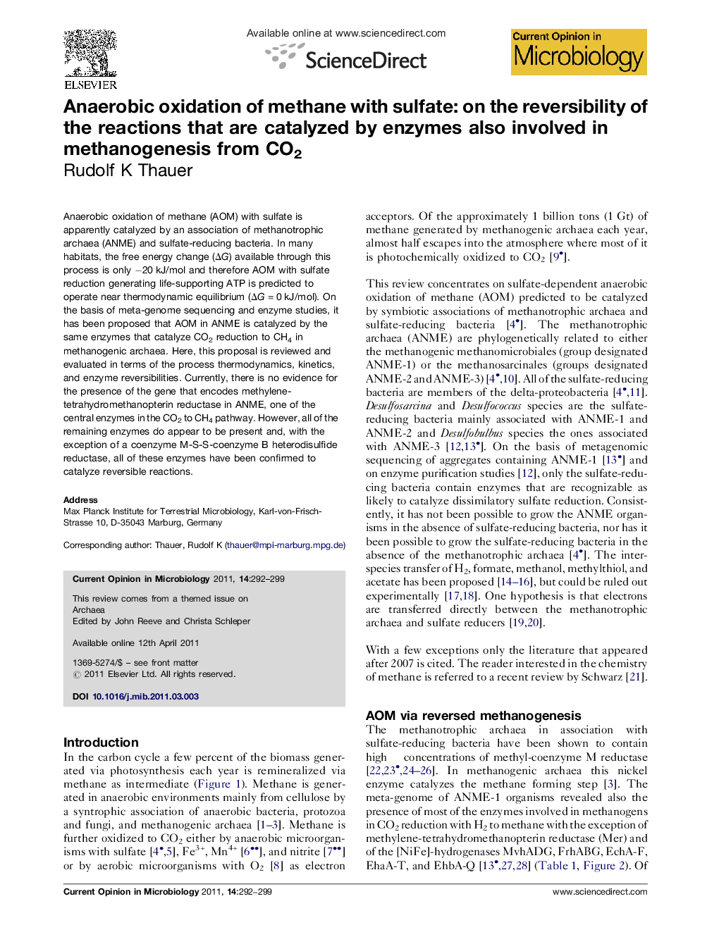 Anaerobic oxidation of methane with sulfate: on the reversibility of the reactions that are catalyzed by enzymes also involved in methanogenesis from CO2