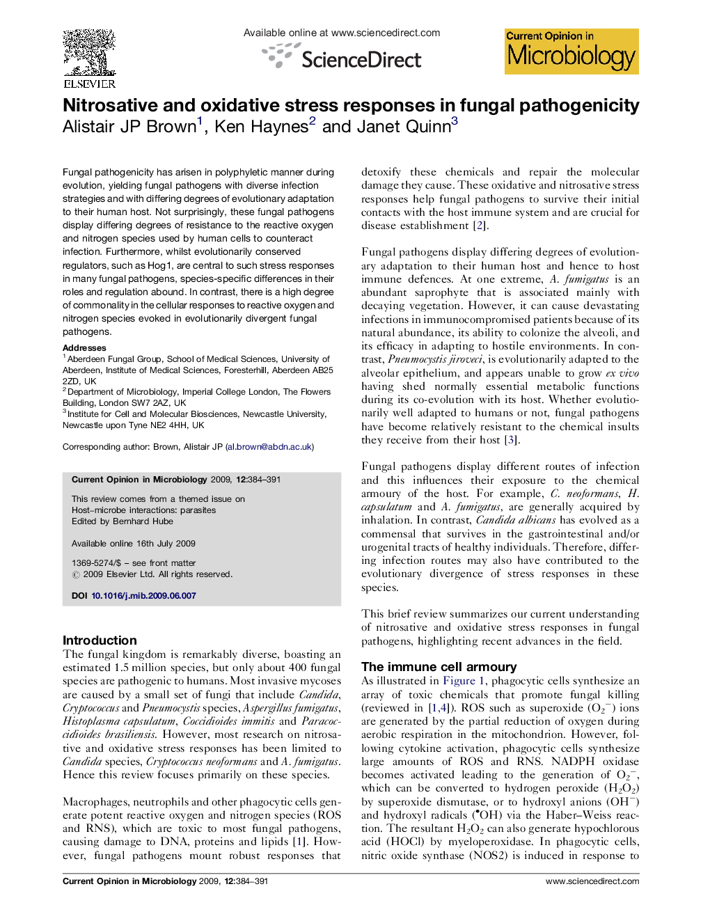 Nitrosative and oxidative stress responses in fungal pathogenicity