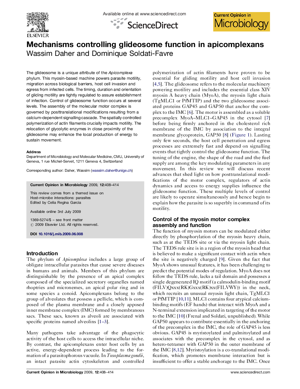 Mechanisms controlling glideosome function in apicomplexans