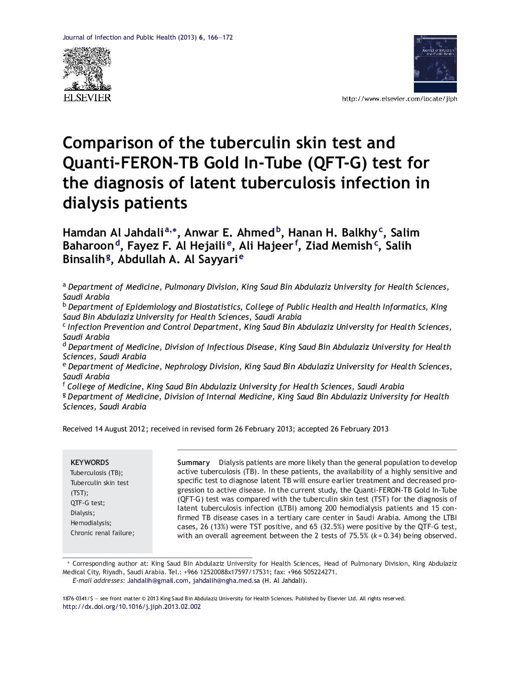 Comparison of the tuberculin skin test and Quanti-FERON-TB Gold In-Tube (QFT-G) test for the diagnosis of latent tuberculosis infection in dialysis patients